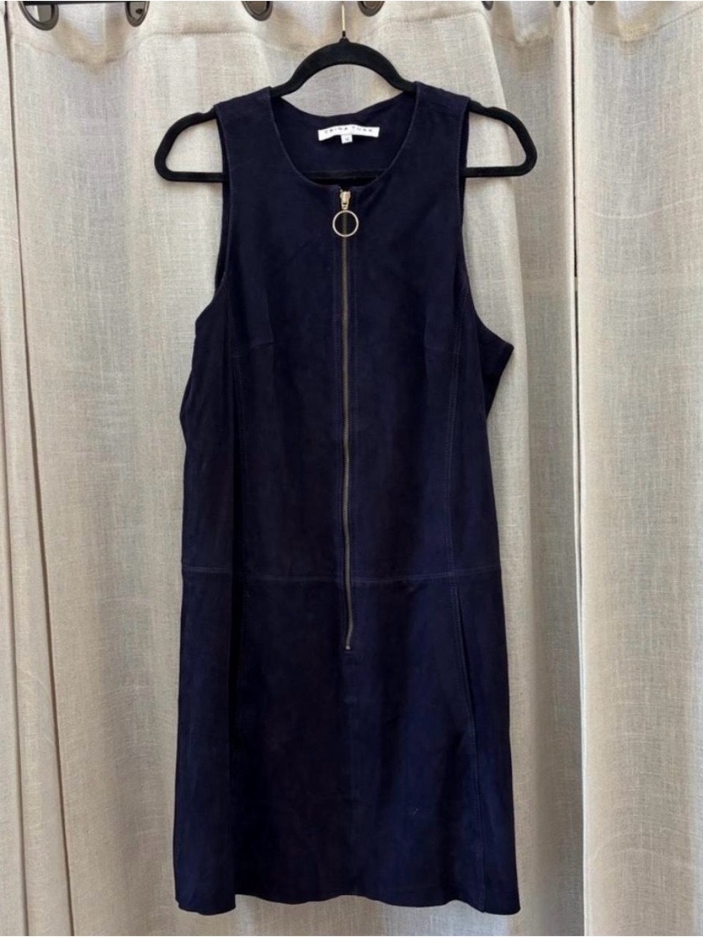 Trina Turk Navy Sleeveless Suede Zip-Front Midi Dress